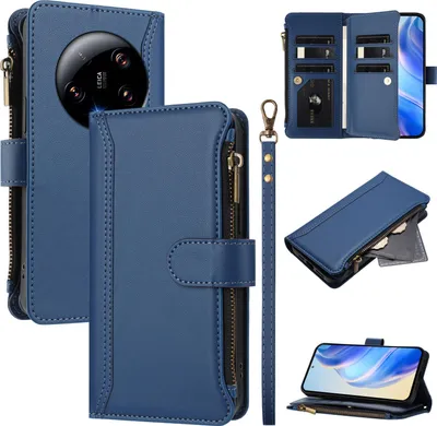 Produktbild von Handyhülle für Xiaomi 13 Ultra Reißverschluss Geldbörse Kunstleder Klapphülle mit Kartensteckplatz, Ständer, Handschlaufe Dunkelblau