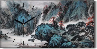 Produktbild von Wandkunst Leinwand Bild Uhr 60x30 Malerei Asiatische Berg Baum Nebel Kunst - schwarze Hände