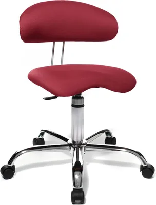 A red ergonomic office chair with a silver base and wheels, shown against a white background.