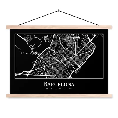 Produktbild von MuchoWow® Textilposter Stadtplan - Barcelona - Karte 120x80 cm mit holzfarbenen Rahmen - Aufhängeset