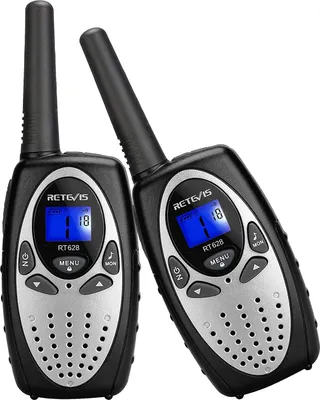 Two black and silver walkie-talkies are shown against a white background.