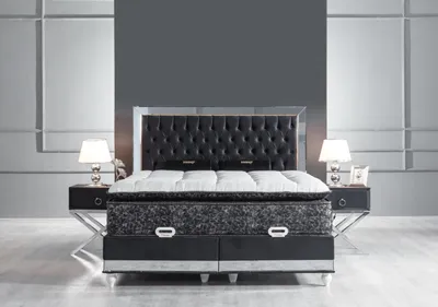Immagine prodotto di Set per camera da letto: letto in metallo nero, 2 comodini, lussuoso, 3 pezzi.