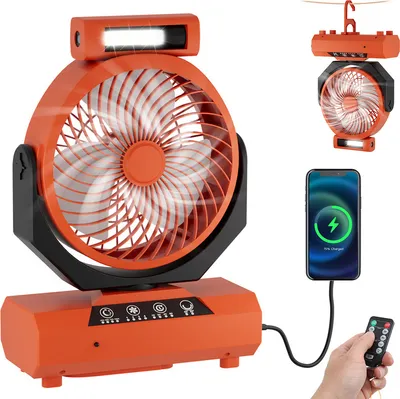 Obrázek produktu pro Stolní ventilátor TolleTour, kempingový ventilátor, dobíjecí, 20000mAh baterie, 4 rychlosti, s dálkovým ovládáním, LED světlem a háčkem, pro venkovní použití, stan, oranžový