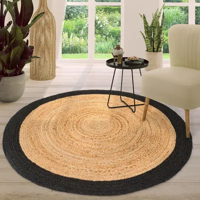 Produktbild von TT Home Wohnzimmer Teppich Jute Rund Modern Boho Handgefertigt Natur-Teppich Bordüre Größe 120 cm Rund
