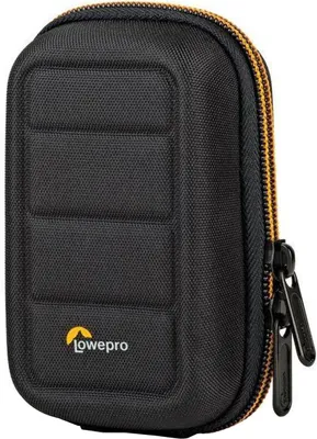 A black camera case with orange trim and zippers, featuring the Lowepro logo.