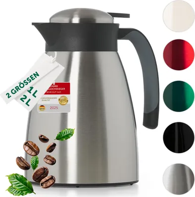Zdjęcie produktu dla Termos Blumtal® o pojemności 1 litra w kolorze srebrnym - niezawierający BPA, wykonany ze stali nierdzewnej czajniczek i dzbanek do kawy z szybkim dziubkiem, szczelny