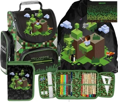 Produktbild von 4 teile Schulranzen MINECRAFT Ergonomisch ranzen rucksack GAME PIXEL fur JUNGEN SET FÜR SCHULKINDER SCHULRANZEN + FEDERMAPPE + TURNBEUTEL + Schreibtis