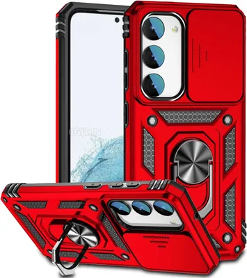 Produktbild von Galaxy S23 Hülle mit Schiebe Kamera Schutz und Ringhalter Ständer Robust Rüstung Schutzhülle für Samsung Galaxy S23 Rot