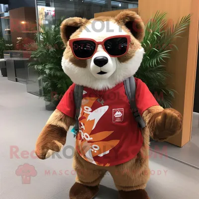 Produktbild von Beiger REDBROKOLY roter Panda Maskottchen Kostüm charakter gekleidet mit einem grafischen T-Shirt und einer Sonnenbrille