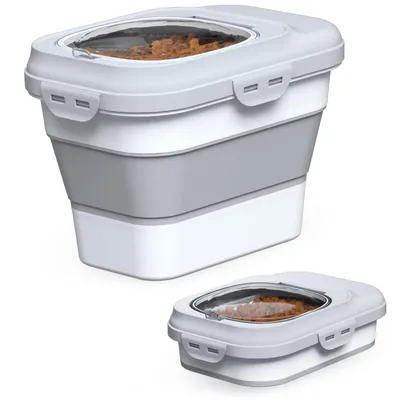 Produktbild von Kleiner, faltbarer Hunde und Katzenfutterbehälter (4,5–6 kg) mit luftdichtem, transparentem Klappdeckel und Futterschaufel. Geeignet für Hunde, Katzen
