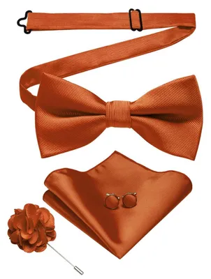Immagine prodotto di Set da uomo per matrimoni, in tessuto twill unito, con fazzoletto da taschino, gemelli e spilla da bavero, colore ruggine