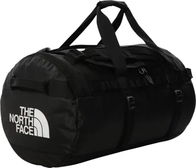 A black duffel bag with the North Face logo on a white background.