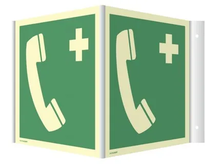 Produktbild von Dreifke® Winkelschild Notruftelefon, ISO 7010, Kunststoff, nachleucht.,160-mc...