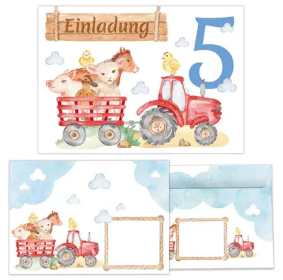 12 Einladungskarten + Umschläge, 5. Geburtstag, Bauernhof
