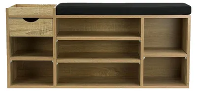 Produktbild von WOHNLING Schuhbank Flur Sonoma 100cm mit Sitzkissen – Sitzbank mit Schublade und verstellbaren Regalböden – Schuhregal modern – Flurbank mit Stauraum