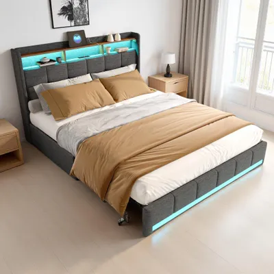 Immagine prodotto di Letto imbottito ProximaX 140x190 cm in tessuto di lino grigio con illuminazione LED, connessione USB e Type-C e 4 cassetti - Letto contenitore moderno dal design confortevole