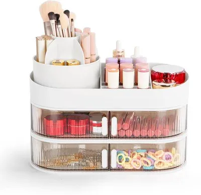 Obrázek produktu pro Uniqoos® Bílý otočný organizér na kosmetiku o 360° – 3 úrovně, 4 přihrádky, odnímatelné moduly pro make-up, štětce a toaletní stolek