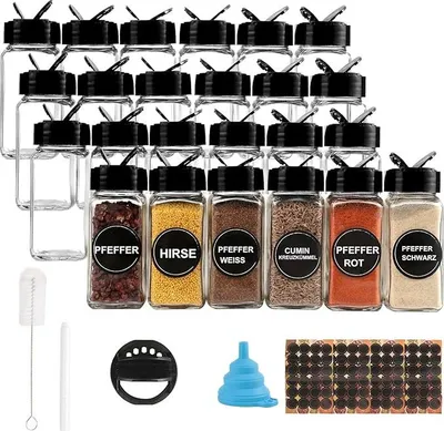Produktbild von 24er Gewürzgläser Set,120ml Glas Gewürzdosen eckig Aufbewahrung mit Schwarz Deckel, Trichter, Bürste, Etiketten & Kreidestift,10,5 x 4,3 cm