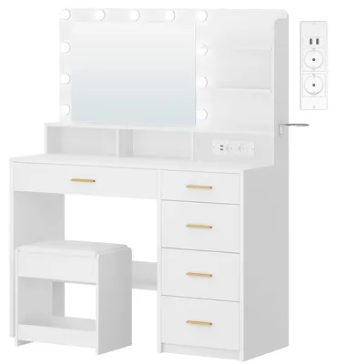 Imagen del producto de Mesa de maquillaje - Mesa de tocador - 5 cajones - 10 luces LED - Espejo grande - Soporte para secador de pelo - Blanco