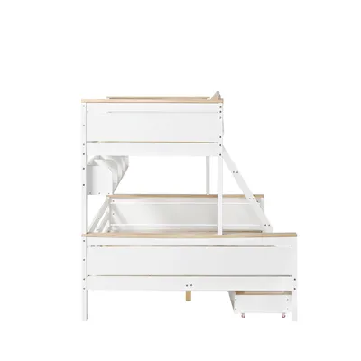 Produktbild von Merax Etagenbett 90x200/140x200cm, Kinderbett mit Regalen und 2 Schubladen, Jugendbett mit Leiter und Lattenrost, Massivholz Stockbett Hochbett, Weiß