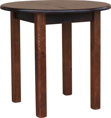 A round wooden dining table with four legs, shown against a white background.