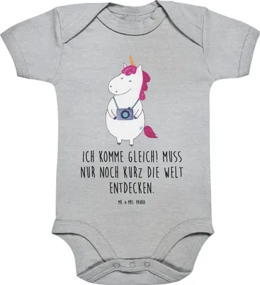 Produktbild von Mr. & Mrs. Panda Strampler Baby Einhorn Fotograf 3. - 6. Monat - Heather Grey - Geschenk, Kamera, Einhörner, Unicorn, Städtereise, Urlaub, Kurzarmbody, Babybody