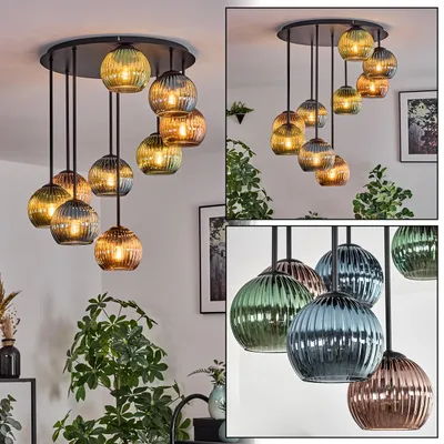 Produktbild von Cesaro Deckenlampe aus Metall/Riffelglas in Schwarz/Kupfer/Grün/Blau