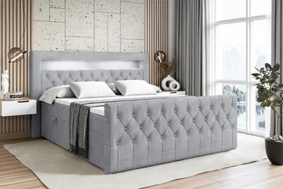 Produktbild von ALTDECOR Boxspringbett mit LED-Beleuchtung Matratze (20 cm hoch) und Topper (4 cm hoch), Polsterbett mit Kopfteil und Bettkasten - AURORA - 200x200 - H3 / Hellgrau Samt