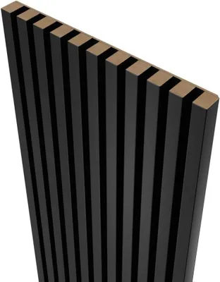 A close-up, angled view of black acoustic wall panels with visible wooden edges.
