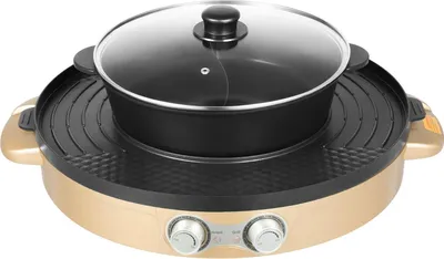 Zdjęcie produktu dla Elektryczny garnek do gotowania z płytą grillową – grill stołowy i garnek do gotowania – moc 2200 W – średnica 44 cm – podwójna strefa grzewcza – powłoka nieprzywierająca – szklana pokrywa – kolor niebieski