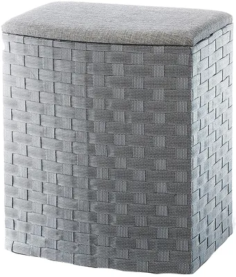 A gray woven laundry hamper with a padded lid, shown against a white background.
