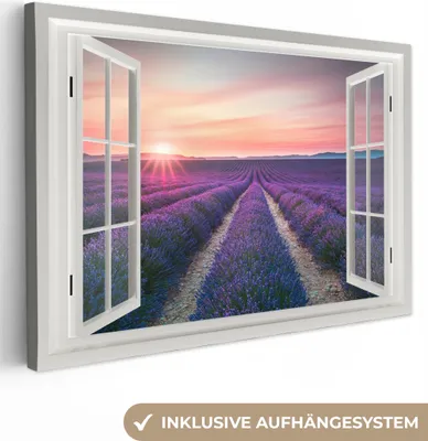 Produktbild von MuchoWow® - Leinwandbilder - Vista - Sonnenuntergang - Lavendel, Wandbild, Wanddeko Bilder Wohnzimmer, 90x60 cm
