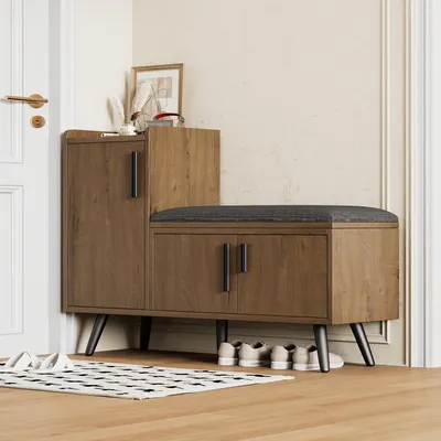 Produktbild von Schuhbank mit Sitzkissen, Schuhschrank mit Stauraum und gepolsterter Sitzfläche, Schuhschrank für Flur und Eingangsbereich, 100 x 34 x 69 cm