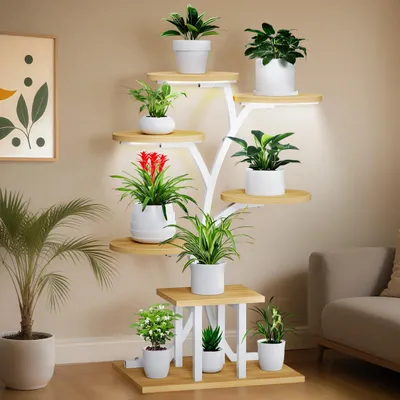 Image de Support pour plantes - Étagère à fleurs avec 7 niveaux - Plateaux imitation bois - Structure métallique - À assembler - 66 x 36 x 110 cm - Blanc