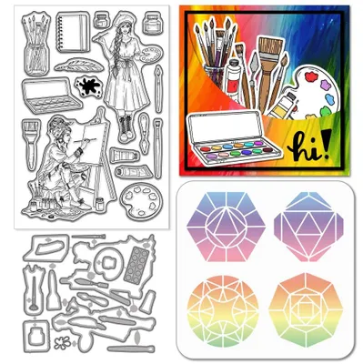 Produktbild von Maler Stempel und Stanzschablonen Set - Silikonstempel und Metallschablonen mit Pigmentrahmen - Für Kartenherstellung und Scrapbooking