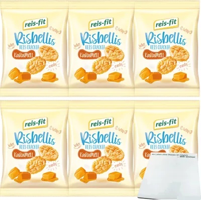 Produktbild von Reis-Fit Risbellis Caramel Fettarme Reis-Cracker mit Karamellgeschmack 6er Pack (6x40g Packung) + usy Block