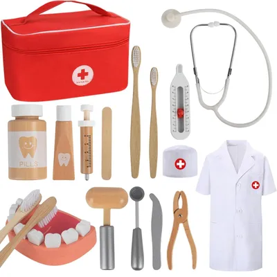 Imagen del producto de Maletín de médico de madera para niños, juego de simulación. Incluye estetoscopio real, bata de médico y maletín de doctor, todo en color rojo. Ideal para juegos de roles. Juguete de dentista para niños a partir de 3 años
