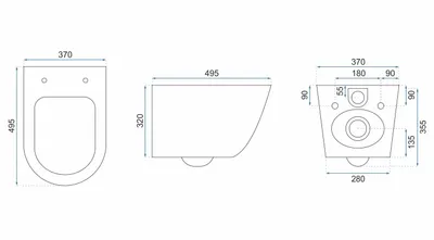 Technical drawings of a toilet bowl with dimensions.