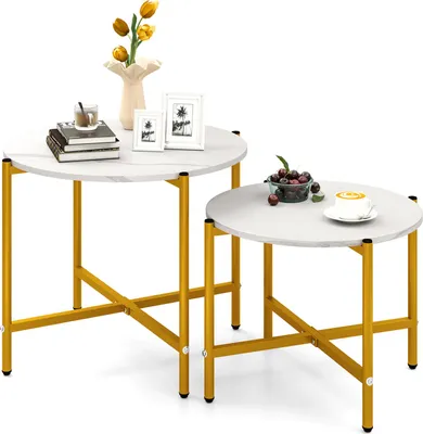 Immagine prodotto di Set di 2 tavolini rotondi COSTWAY, tavolino con struttura in marmo e metallo, tavolino da salotto, tavolino da caffè, set di tavolini da divano, tavolino, bianco + oro