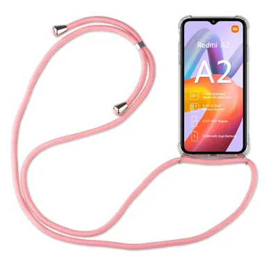 A pink phone case with a lanyard attached to a smartphone, displayed on a white background.