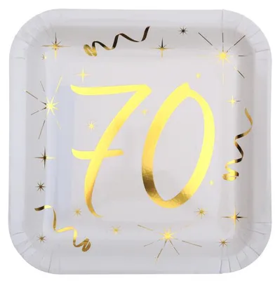 Produktbild von 10 Papp-Teller Geburtstag 70 weiß-gold