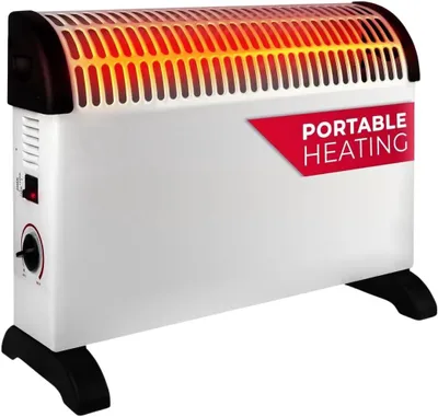 A white portable electric heater with glowing red heating elements at the top, set on black feet. It has a red label with white text on its side.