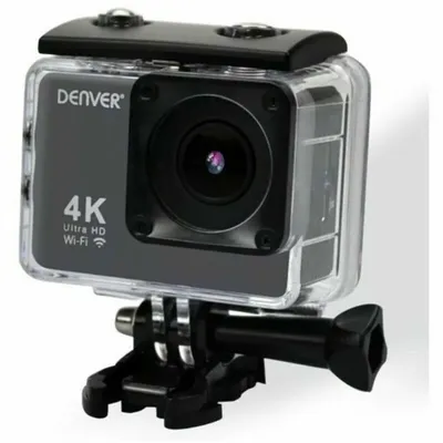 A Denver action camera in a waterproof case, mounted on a bracket.