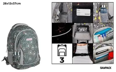 Productafbeelding van Schooltas met drie compartimenten, model "Dmuchawce", kleur grafiet, afmetingen 28 x 12 x 37 cm