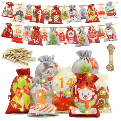 Adventskalender-Beutel zum Befüllen, 24 Stück, 2 Größen, Stoff, DIY