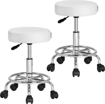 Produktbild von CASARIA® Rollhocker Höhenverstellbar 10cm Polsterung 51-65cm Sitzhöhe 360° Drehbar Ø35cm Fußstütze Rund Büro Hocker Drehhocker Arbeitshocker, Farbe:2er Set weiß