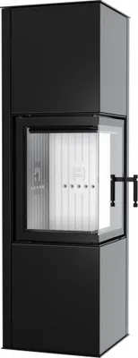 A black corner fireplace with a glass door.