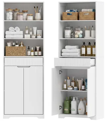 Immagine prodotto di HOMCOM Mobile Bagno Alto, Armadietto Stretto con 3 Ripiani Aperti e Cassetto, in Legno, 60x30x171 cm, Bianco