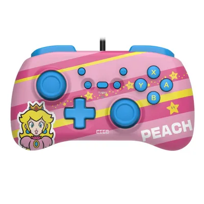 A pink Nintendo Switch controller with Princess Peach graphics.