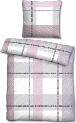 A folded duvet cover and a pillowcase with a plaid pattern.